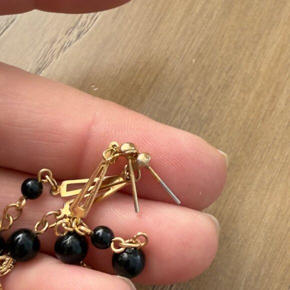 Vintage Gold & Black Beaded Dangle Earrings With Leaf Accents - Picture 5 of 7